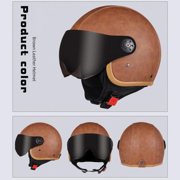 หมวกกันน็อควินเทจคลาสสิค เลนส์สีน้ำตาลเข้ม วัสดุหนังสัตว์ ถอดได้ สีดำ / สีน้ำตาล Retro motorcycle helmet